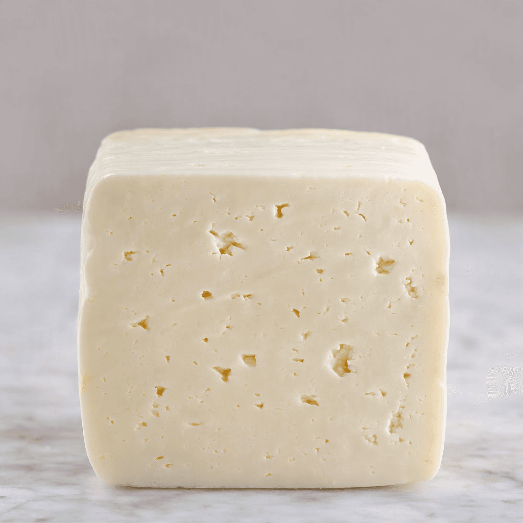 A compact block of pale ivory-white cheese with a smooth, slightly porous cut surface and softly squared edges.