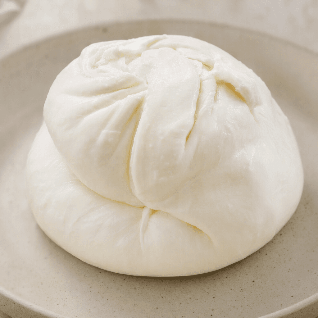 Soft, moist white cheese with a smooth, creamy surface and a few gentle folds, served in a compact mound.