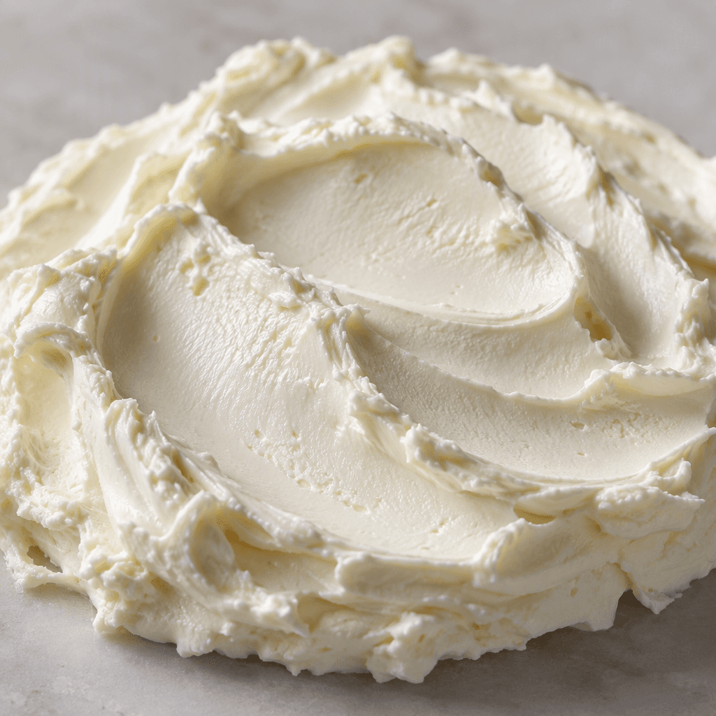 A soft, creamy white cheese with a smooth, slightly glossy surface, spread into a thick layer.