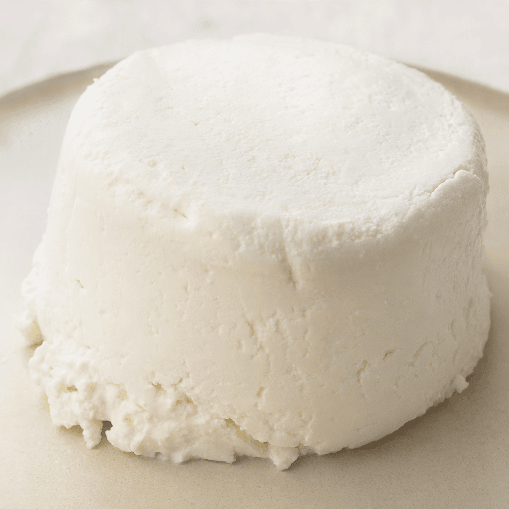 A mound of bright white strained cheese with a dense, smooth, creamy texture and softly rounded edges.