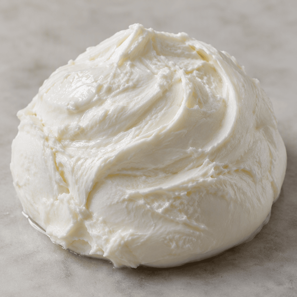 A soft, bright-white cheese with a smooth, creamy surface, shaped into a rounded mound with gentle swirls.