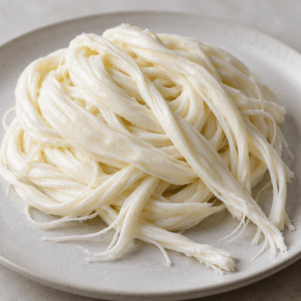 Thin, glossy white strands of cheese are loosely gathered into a soft, tangled bundle on a plate, with several fine ends trailing outward.