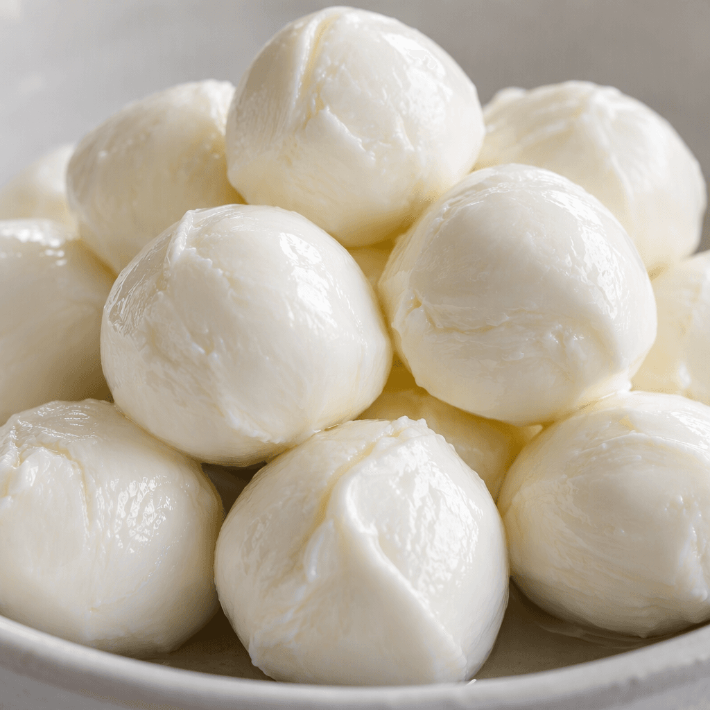 Small, round ivory-white cheese balls with smooth, slightly glossy surfaces are clustered together.