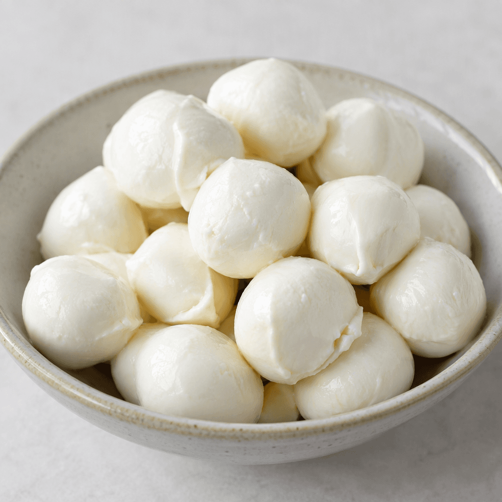 Small, smooth, white cheese balls with a soft, slightly springy texture, grouped together on a plate or in a serving bowl.