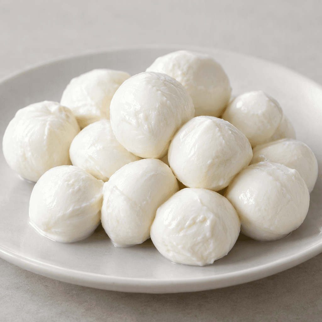 Small, smooth, bright-white cheese balls with a soft, slightly moist surface are grouped together on a plate.