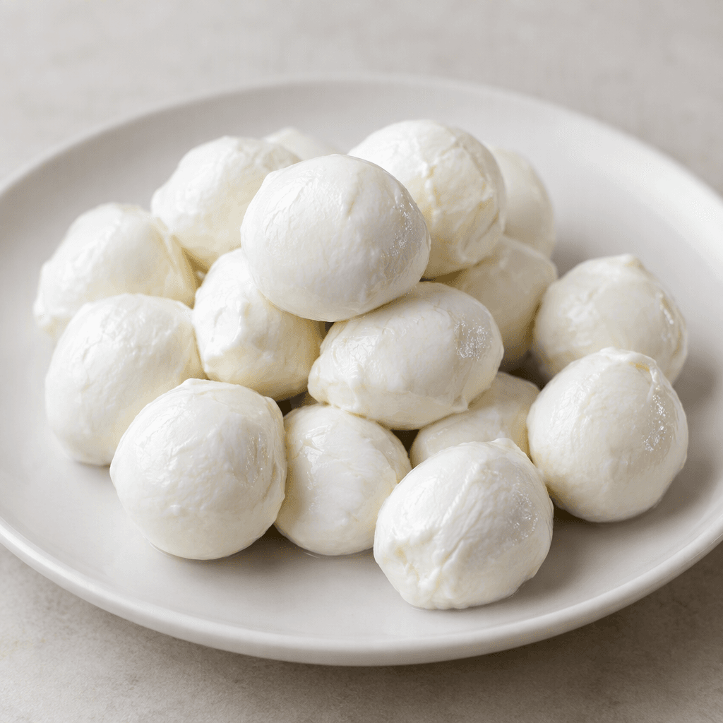 Small, smooth, white cheese balls with a soft, slightly moist surface are arranged on a plate.