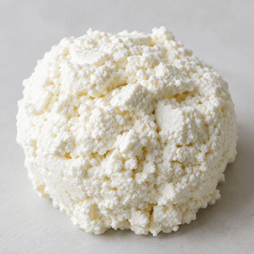 A soft, bright-white cheese made up of moist, fine irregular curds and small crumbly clumps.