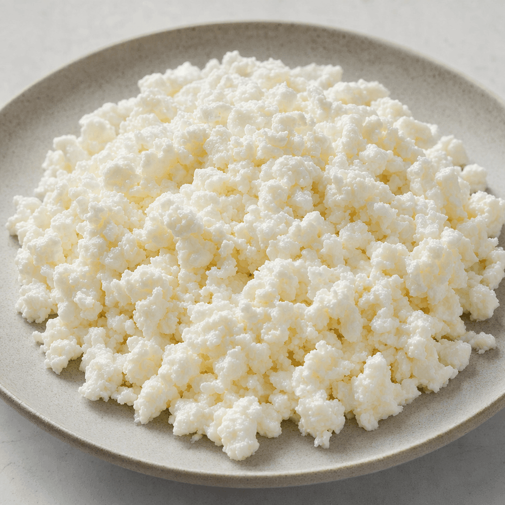 A mound of small, irregular white curds with a soft, slightly moist and crumbly texture, served plain on a plate.