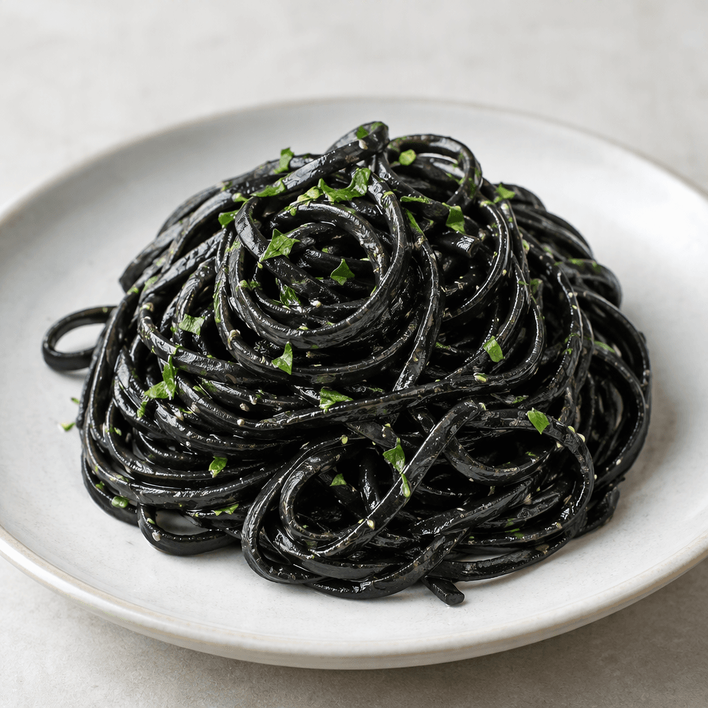 Glossy, deep black pasta strands are loosely twirled into a mound on a plate, with smooth surfaces and a firm, slightly springy appearance.