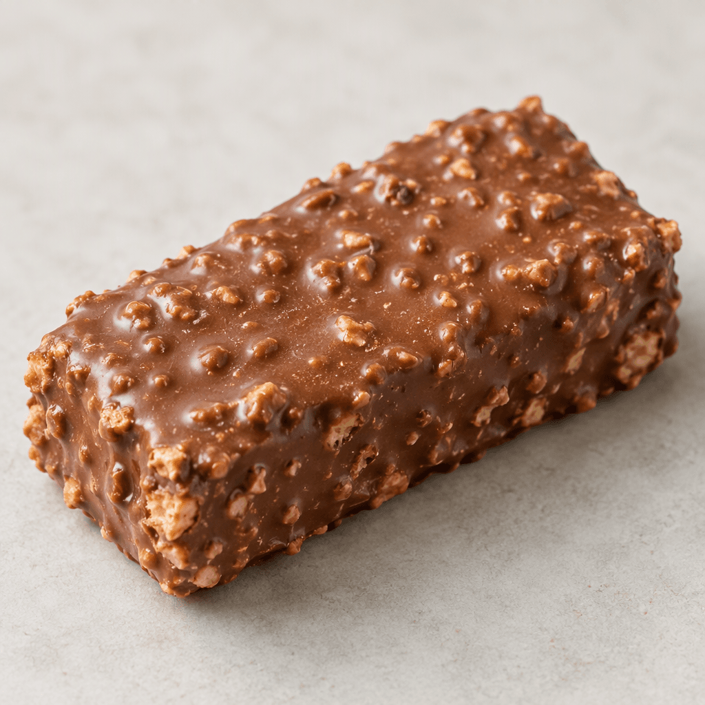 A compact rectangular bar coated in milk chocolate, with a slightly uneven, crunchy-looking surface and small crisp pieces visible along the edges.