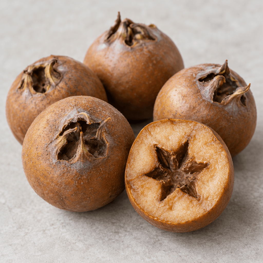 Several small, round to slightly oval medlars with matte russet-brown skin are arranged beside one cut open, revealing soft tan flesh and a prominent star-shaped, five-lobed calyx at the blossom end.