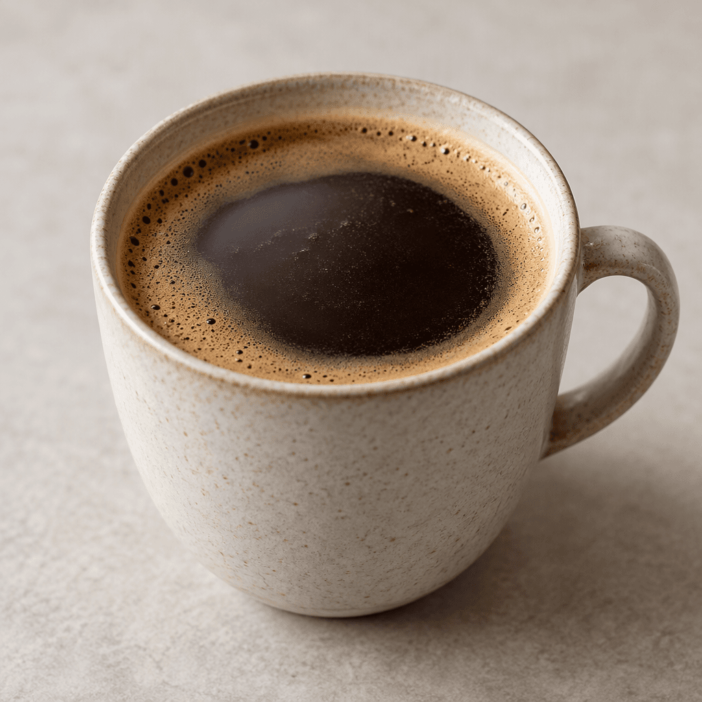 A dark brown coffee sits in a cup, with a smooth surface and a thin layer of light-brown foam.