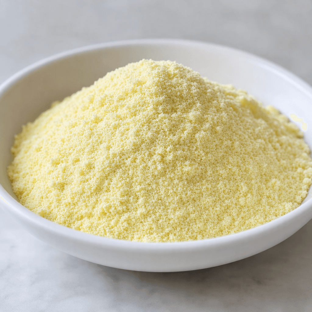 A small mound of fine, pale yellow banana pudding powder with a soft, even texture sits in a shallow white dish.