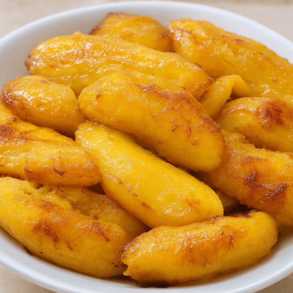 Soft, golden-yellow banana pieces with glossy surfaces, lightly browned patches, and slightly collapsed edges are arranged on a plate.