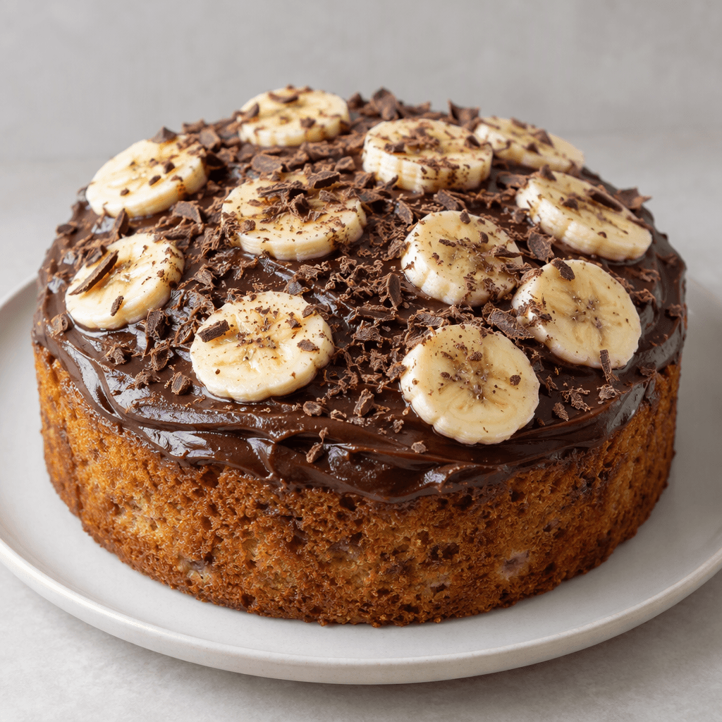 A round banana cake with a moist golden-brown crumb, topped with glossy dark chocolate frosting, scattered banana slices, and fine chocolate shavings, served on a plain plate.