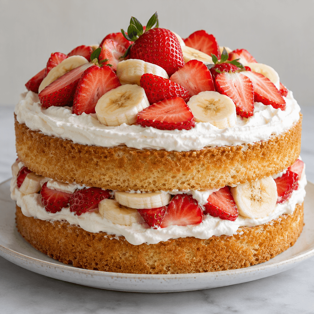 A round layered cake with pale golden sponge, white cream, sliced bananas and bright red strawberries between the layers, topped with more fruit and a light coating of cream, sits on a plate.