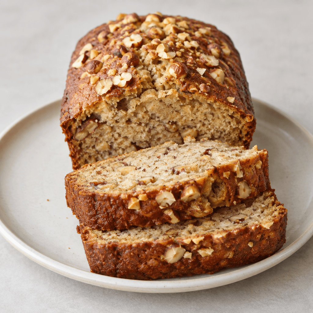 A golden-brown banana cake with a soft, moist-looking crumb, scattered chopped hazelnuts on top and visible through the cut surface, served in thick slices on a plate.