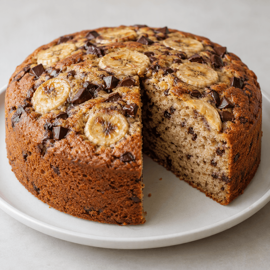 A thick, golden-brown cake with a slightly domed top, visible banana slices and dark chocolate pieces scattered across the surface, cut to reveal a dense, moist-looking tan crumb with small chocolate flecks, and served on a plain plate.