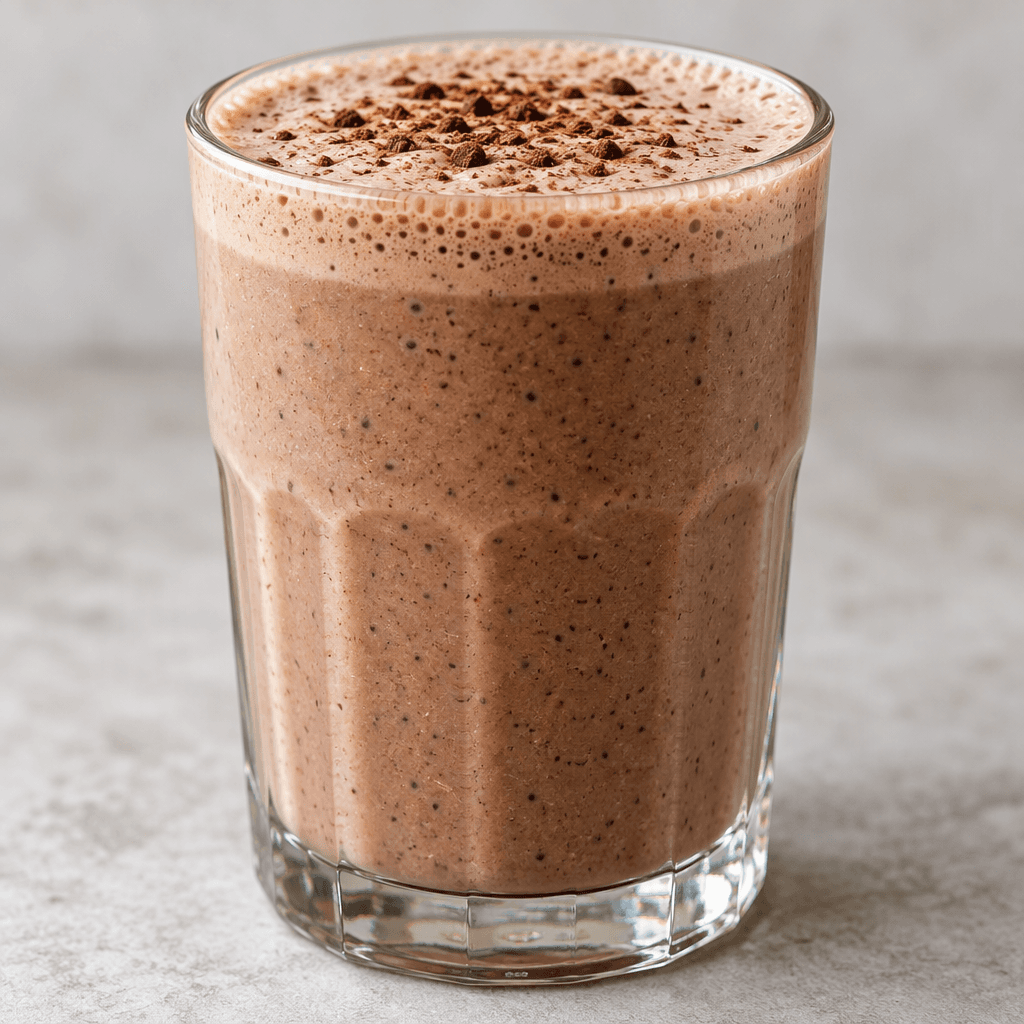 A thick, creamy light-brown smoothie fills a clear glass, with tiny darker cocoa flecks and a pale frothy layer on top.