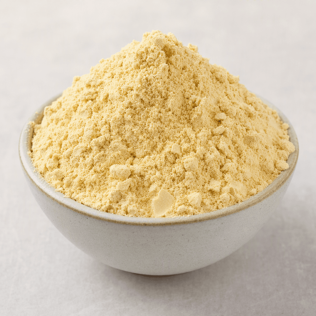 A mound of fine, pale yellow-beige protein powder with a dry, slightly clumpy texture sits in a small bowl.