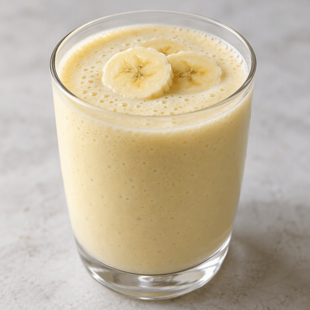 A thick, smooth, pale creamy-yellow banana shake fills a clear glass, with a few tiny bubbles across its surface.