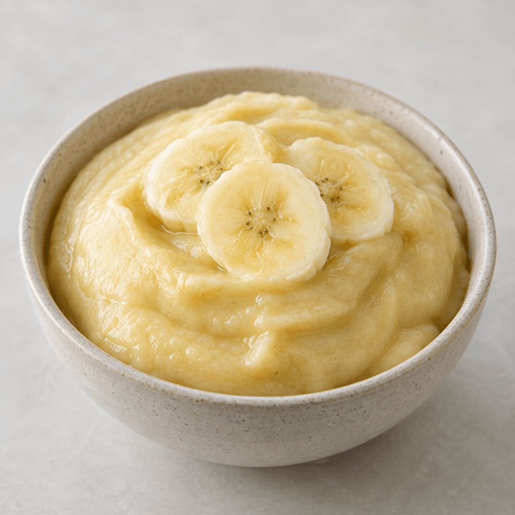 A soft, pale-yellow banana dessert with a smooth, spoonable texture sits in a small bowl, with a few banana slices visible on top.