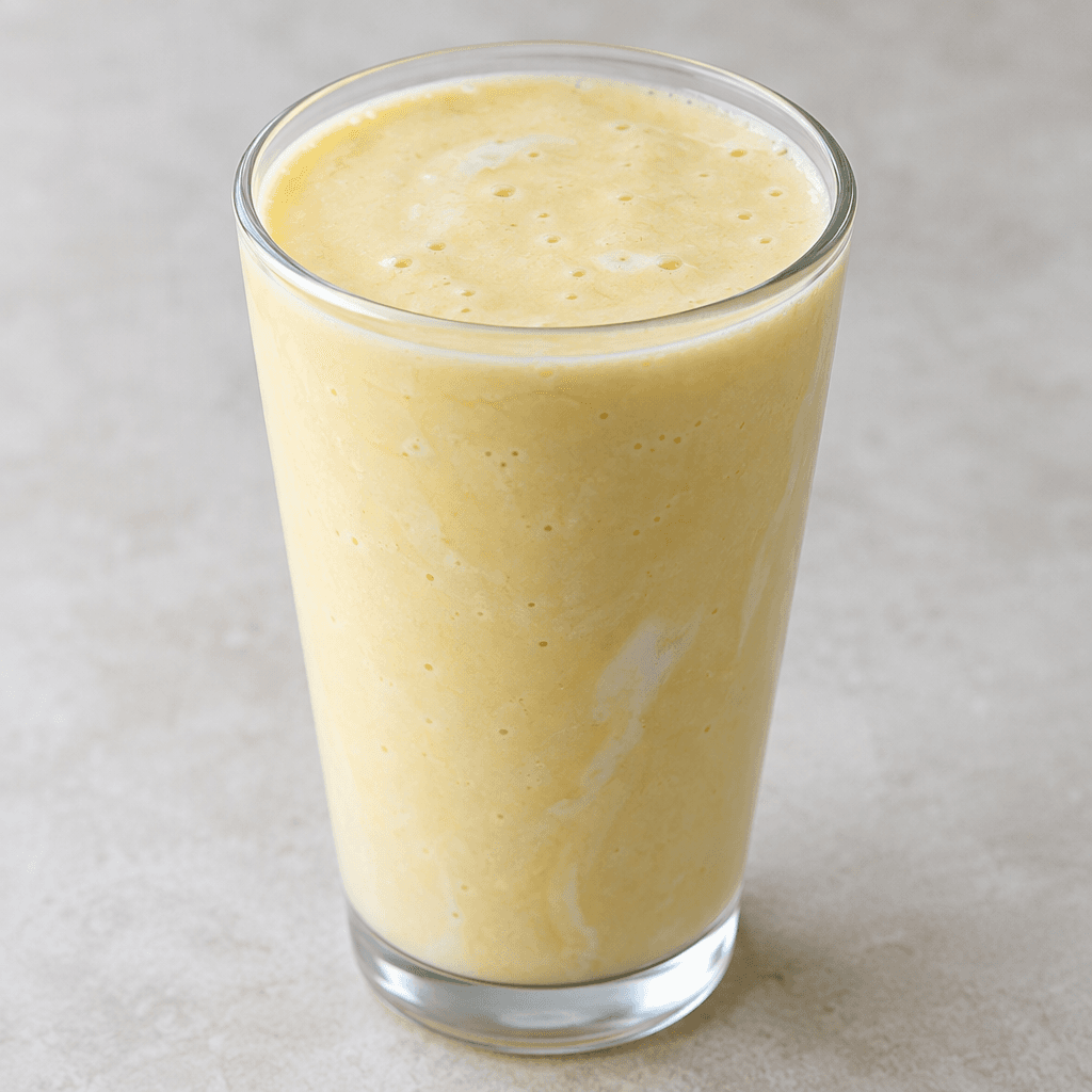 A pale creamy-yellow, thick and smooth beverage fills a clear glass, with a few tiny bubbles and subtle lighter streaks visible on its surface.