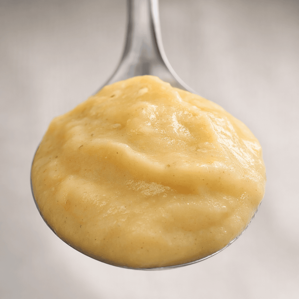 A thick, smooth, pale yellow banana-and-vanilla purée sits in a small rounded spoonful, with a few faint darker flecks.