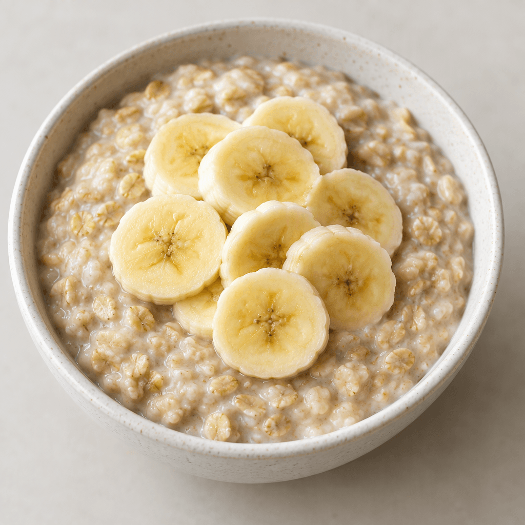 A bowl of thick, creamy pale-beige oatmeal porridge with visible oat flakes and round slices of soft yellow banana arranged on top.