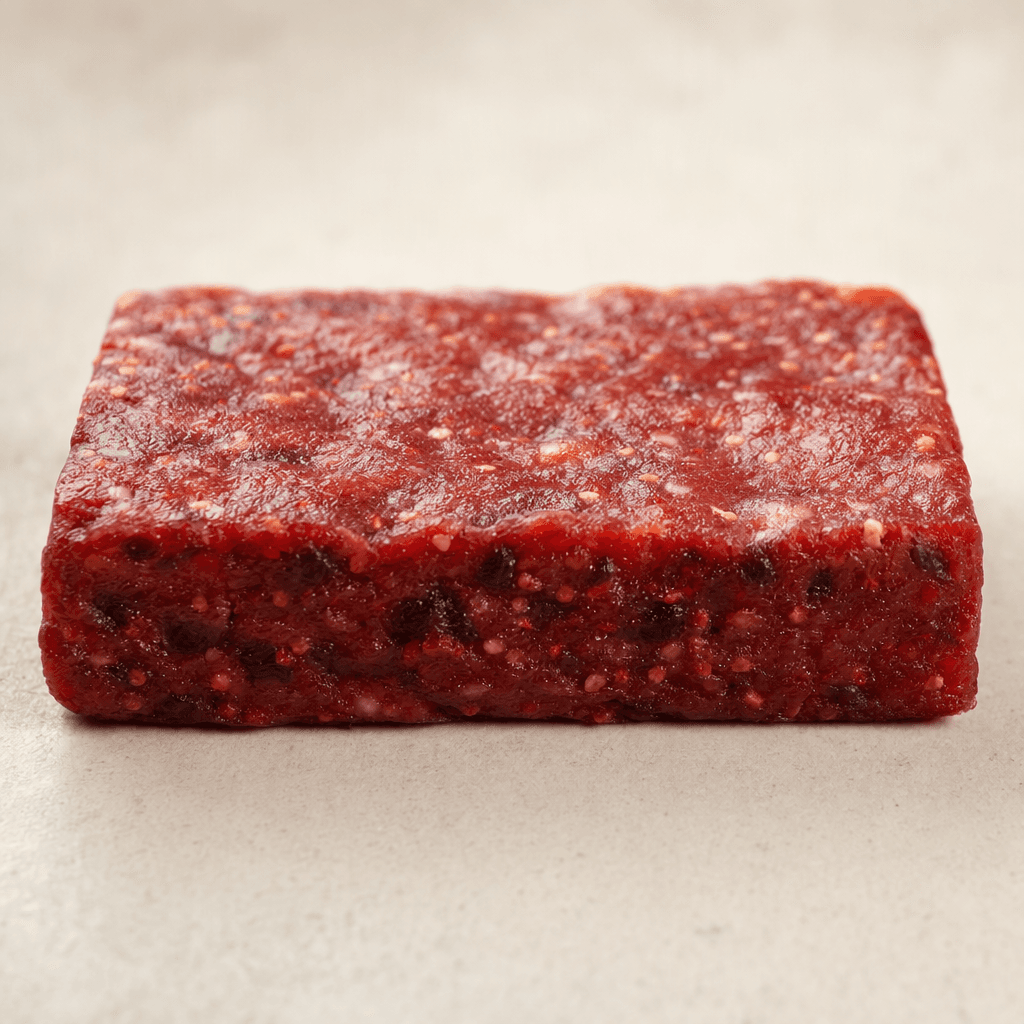 A short, rectangular, deep reddish-pink fruit bar with a dense, slightly lumpy surface and tiny pale seeds and fruit flecks visible throughout.
