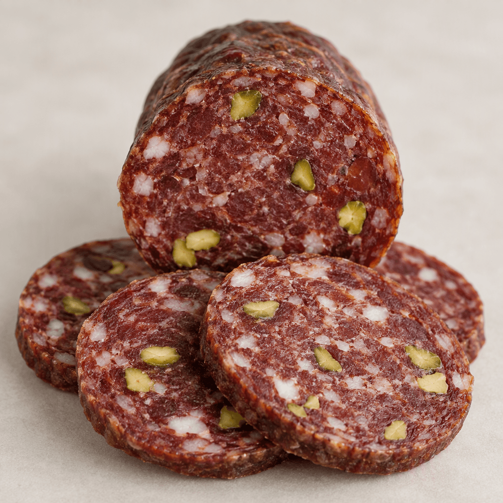 A firm, deep reddish-brown beef salami is cut into round slices, showing small pale-green pistachio pieces and creamy-white fat flecks throughout.