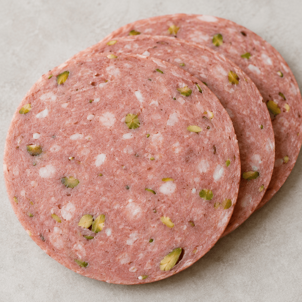 Thin, round slices of rosy pink processed meat show a smooth, finely ground texture dotted with small pale fat pieces and green pistachio fragments, with the slices slightly overlapping.