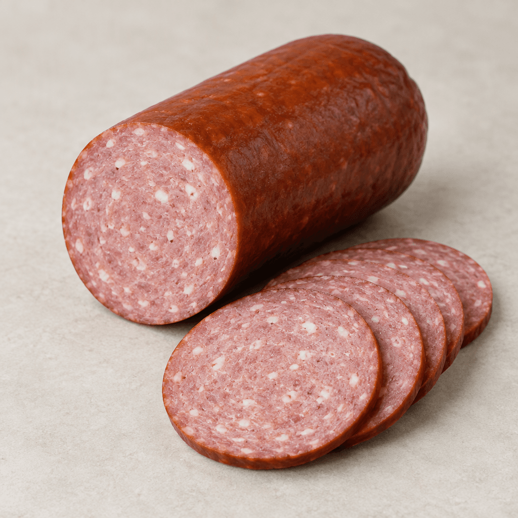 A compact cylinder of smoked turkey salami with a smooth reddish-brown outer surface and a firm pink interior dotted with small pale flecks, shown whole beside several thin round slices.