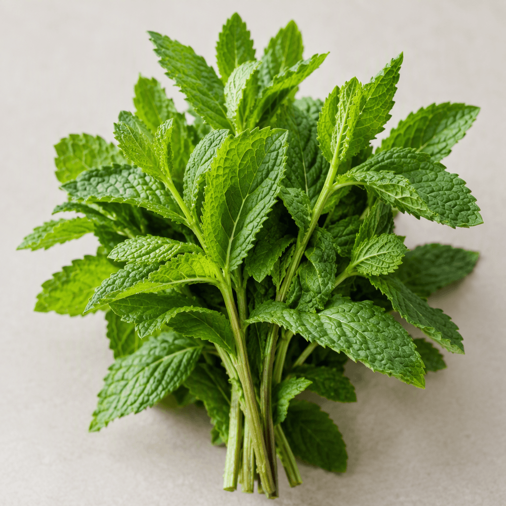 Fresh mint appears as a small bunch of slender green stems bearing bright green, softly crinkled, oval leaves with sharply serrated edges.