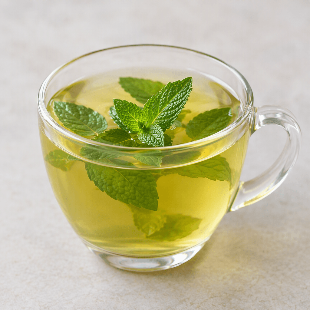 A translucent pale yellow-green tea with fresh bright green mint leaves visible on the surface, served in a clear glass cup.