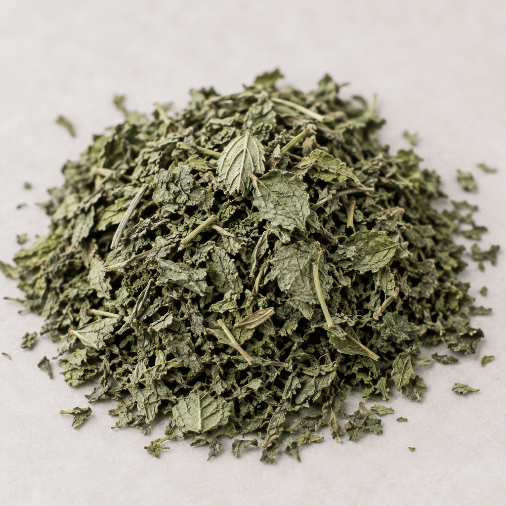 Loose, dried mint leaves appear as small, crumbled flakes in muted green and grey-green tones, with occasional thin stems and a dry, papery texture, scattered in a small mound.