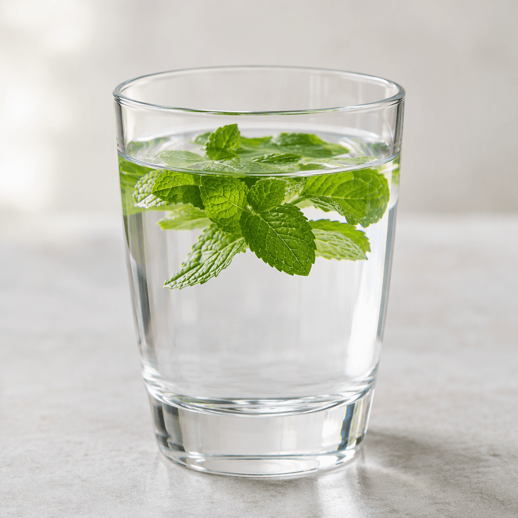 Clear, colorless water is served in a transparent glass with fresh green mint leaves floating near the surface.