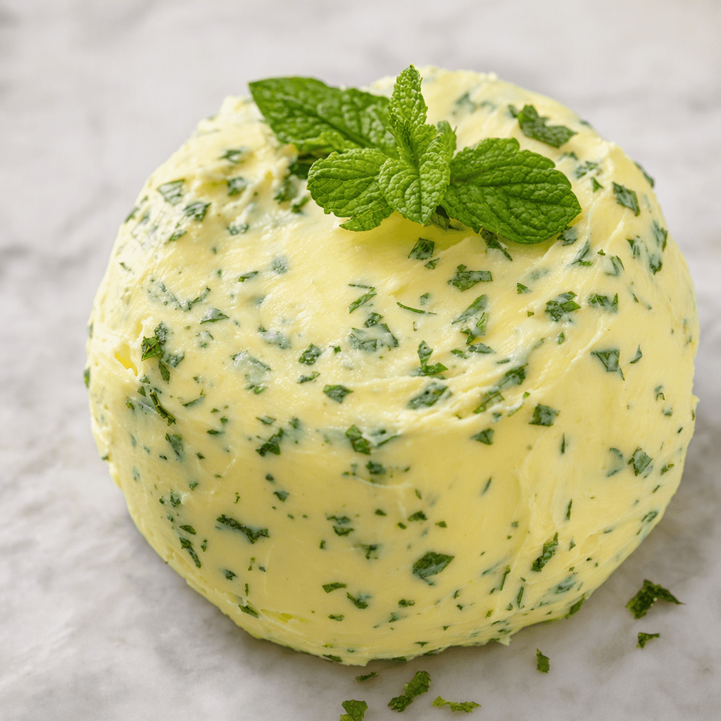 A soft, pale-yellow mound of butter speckled with finely chopped green mint leaves, with a smooth, creamy surface and a few loose mint flecks nearby.