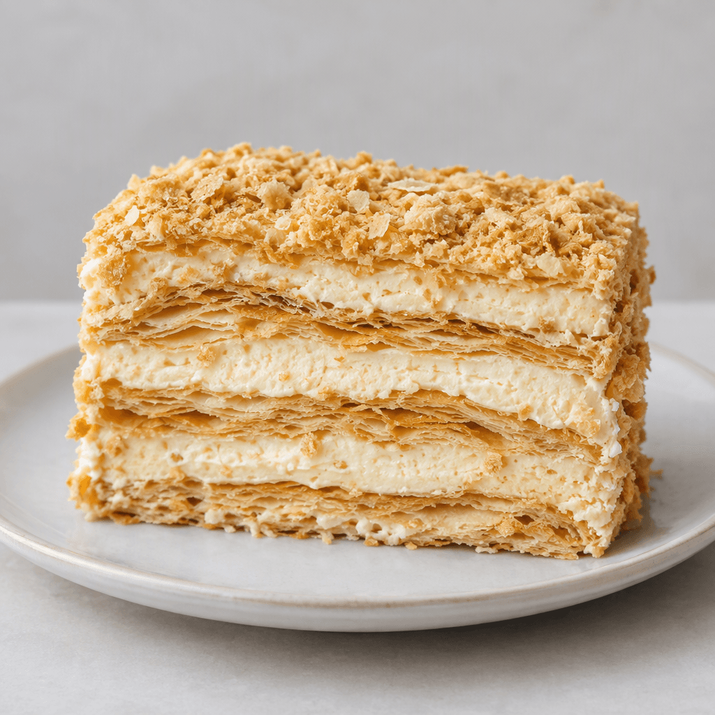 A rectangular slice of layered cake sits on a plate, showing thin golden, flaky pastry sheets between thick layers of pale cream, with fine pastry crumbs covering the top and sides.