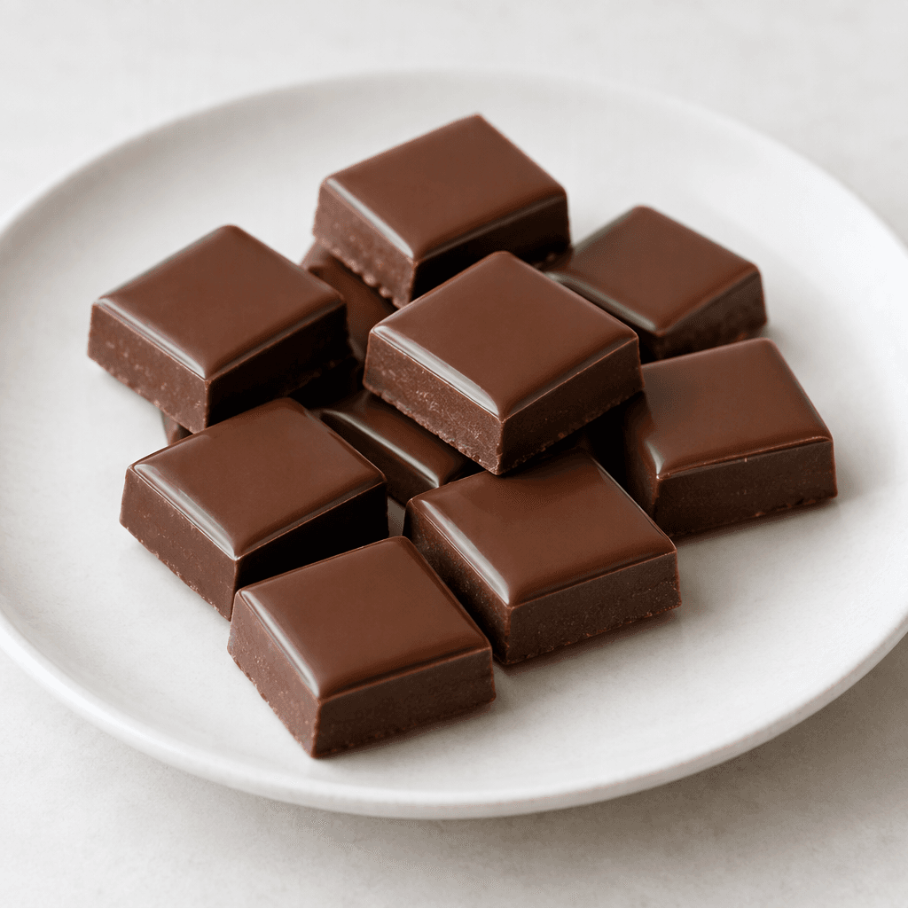 Small, bite-sized, thick rectangular pieces of glossy brown chocolate with smooth tops and clean edges, arranged neatly on a plain plate.