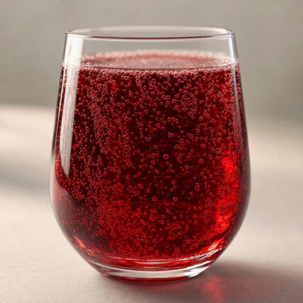 A clear, sparkling pomegranate-red drink sits in a glass, with fine bubbles rising through it.