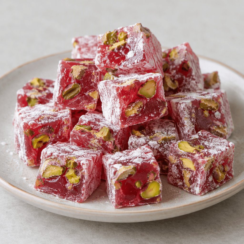 Small square pieces of translucent deep pink Turkish delight are studded with chopped green pistachios and lightly dusted with fine white powder, arranged on a serving plate.