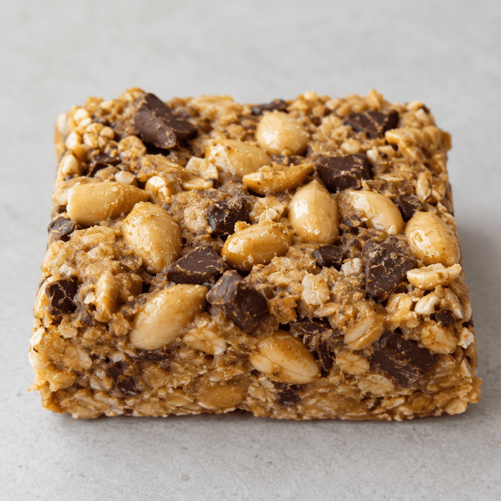 A thick, roughly rectangular golden-tan bar has a craggy, compact surface studded with whole peanuts and dark chocolate pieces.