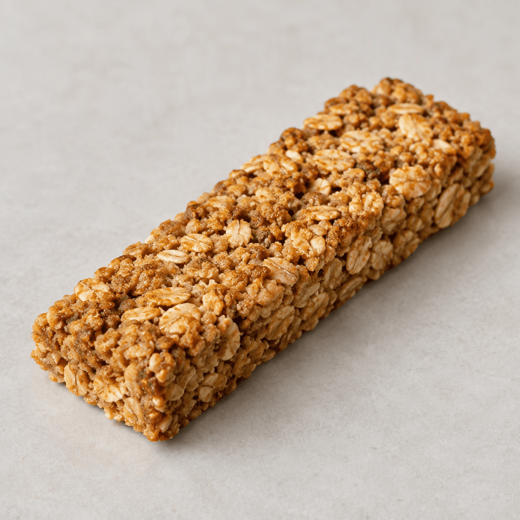 A long, narrow golden-brown oat bar with a rough, crumbly surface and tightly packed, visible oat flakes, resting on a plain surface.