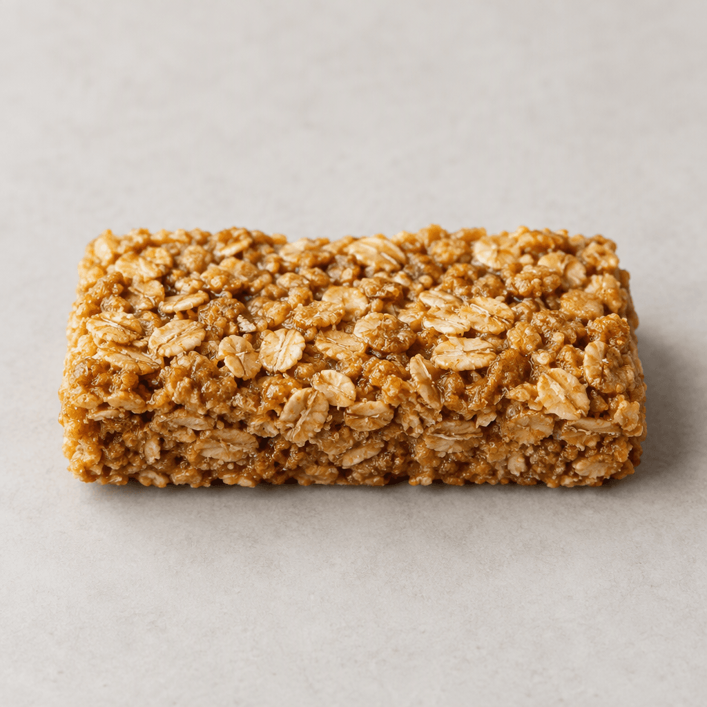 A slim, rectangular golden-brown oat bar with a rough, crumbly surface and visible flakes of oats pressed together in a lightly glossy binder.