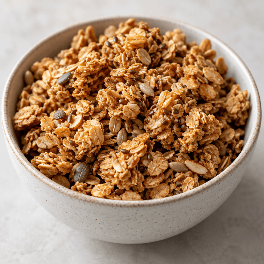 Altın-kahverengi, düzensiz granola kümeleri; çıtır taneler ve aralarına dağılmış küçük tohumlarla bir kâsede gevşekçe duruyor.