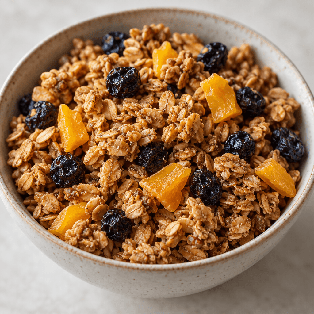 Bir kâsede gevşekçe yığılmış, altın kahverengi kavrulmuş yulaf kümelerinin arasında koyu mavi-mor kuru yaban mersinleri ve küçük altın sarısı kuru mango parçaları görülüyor.