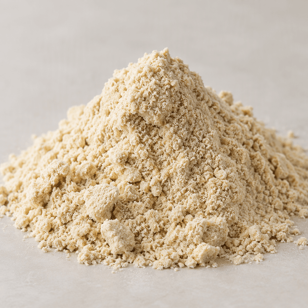 Yumuşak taneli dokulu, açık bej renkli ince protein tozu küçük bir yığın hâlinde duruyor.