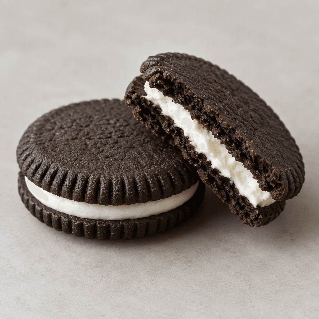 Two round, nearly black cocoa biscuits with subtly ridged edges sandwich a thick, smooth white cream layer, shown whole and with one broken open to reveal the filling.