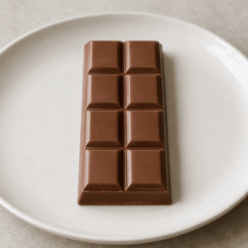 A slim, rectangular milk-chocolate bar with a smooth brown surface divided into raised sections sits on a plain plate.